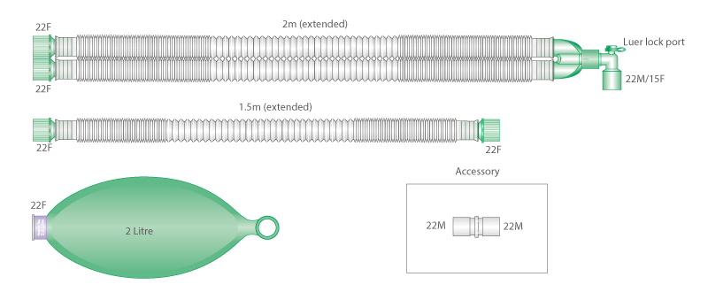22mm Compact™ breathing system with 2 L bag, luer elbow and limb, ≥ 2.0m