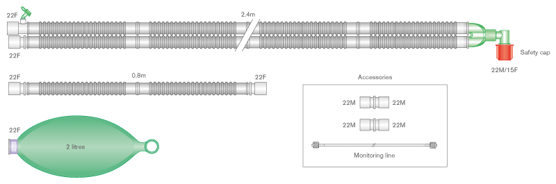 22mm Flextube™ breathing system with 2 L bag, integral monitoring line and limb, ≥ 2.4m
