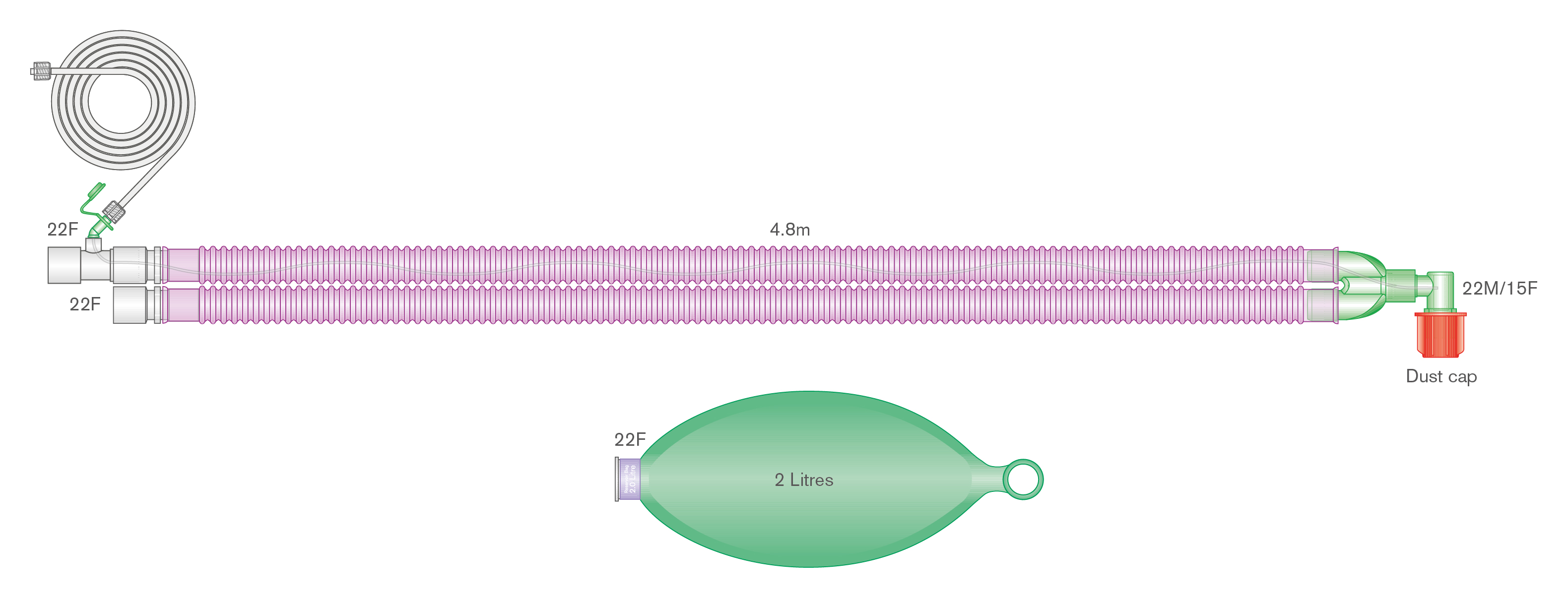 22mm Flextube™ Silver Knight™ anti-microbial breathing system with 2 L bag, and integral monitoring line, ≥ 4.8m