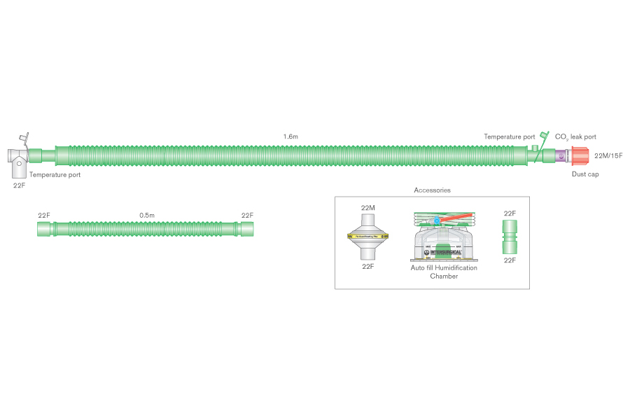 30mm Flextube bilevel heated wire breathing system with swivel CO₂ leak port, auto-fill chamber, Flo-Guard™ and limb. ≥1.6m
