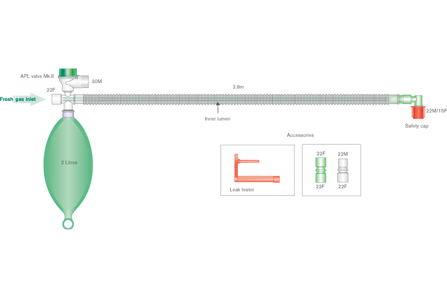 Adult Mapleson D Bain deluxe coaxial breathing system with 2 L bag, and elbow, ≥ 2.8m