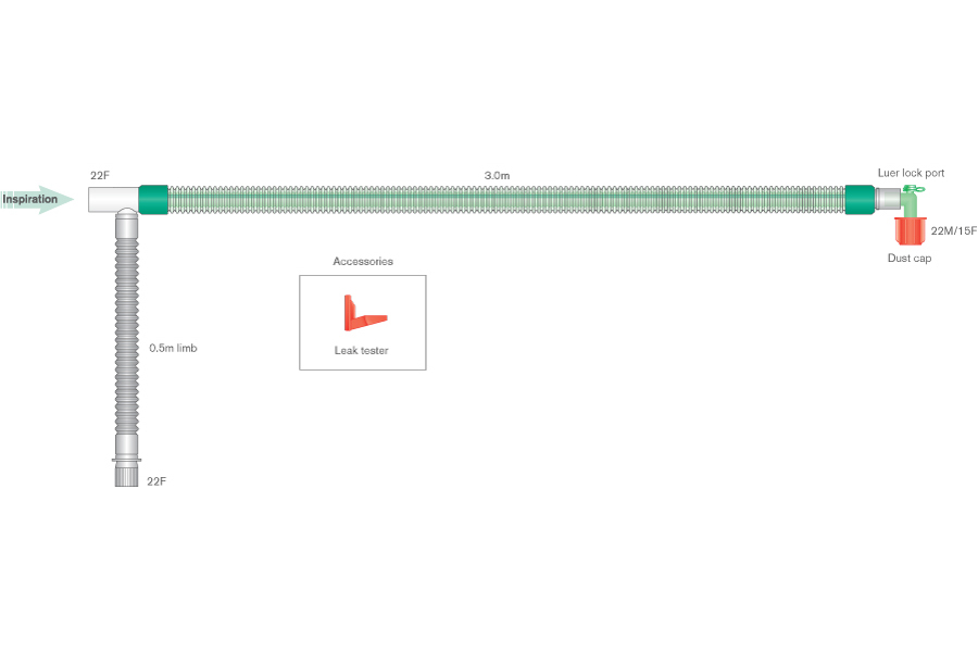 22mm DuoFlow breathing system with luer elbow, ≥ 3m