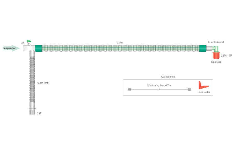 22mm DuoFlow breathing system with elbow, and integral monitoring line, ≥ 3m