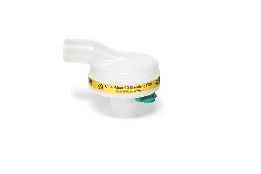 Clear-Guard™3 angled breathing filter with luer port and 22F/15M-22M/15F