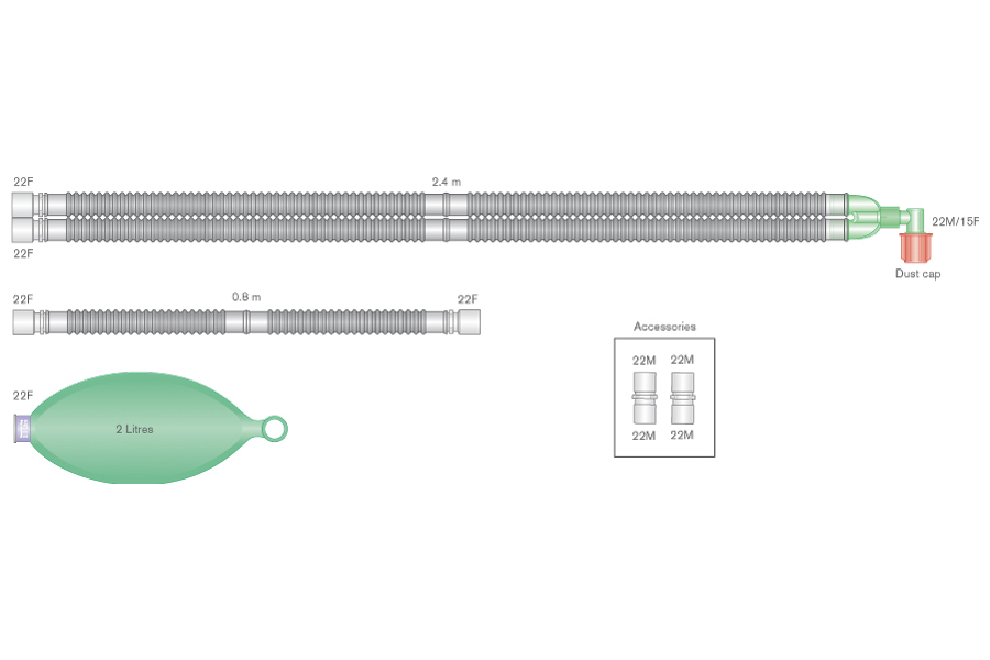 22mm Flextube™ breathing system with 2 L bag, elbow and limb, ≥ 2.4m