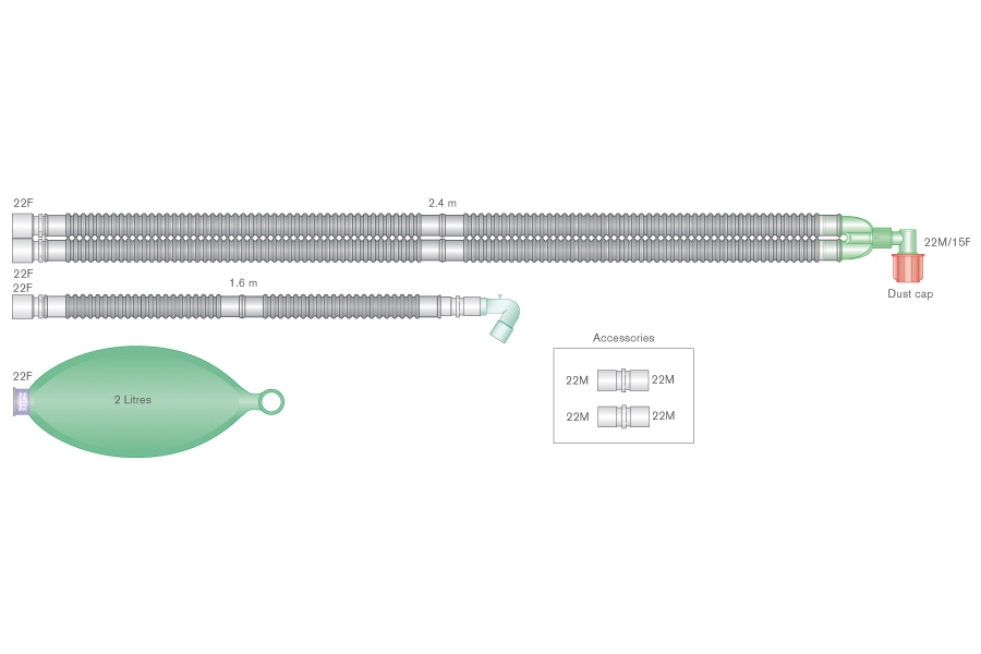 22mm Flextube™ breathing system for use with Aisys®, Avance® and Aespire® Carestation® with 2 L bag, elbow, and limb, ≥ 2.4m