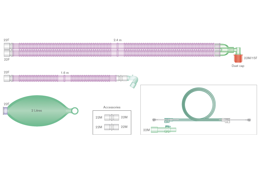 22mm Flextube™ Silver Knight™ anti-microbial breathing system for use with Aisys®, Avance® and Aespire® Carestation® with 2 L bag, spirometry set, and limb, ≥ 2.4m